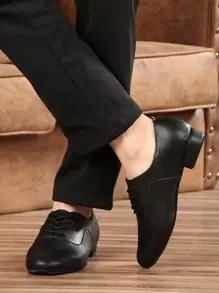 黑色男士拉丁舞鞋皮革舞廳現代探戈舞鞋男童系帶教師運動鞋跟高2cm - 黑色 - 查看 2