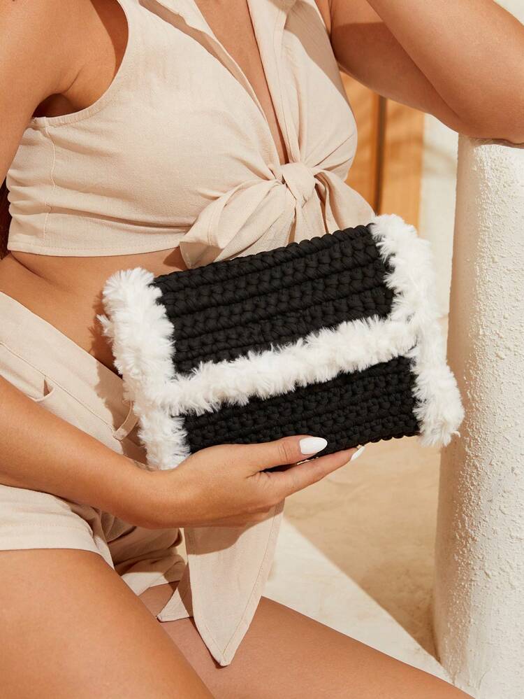 Fashionable Black Woven Bag With Furry Decoration, Flap Closure And Chain Shoulder Strap