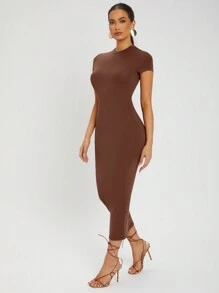 SHEIN SXY Solid Round Neck Bodycon Dress - Coffee Brown - View 6