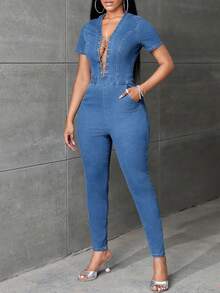 SHEIN SXY Cổ Lao Lace lên phía trước Quần áo nịt - Rửa nhẹ - Xem 5