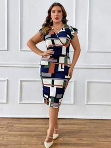 SHEIN Clasi 大碼幾何印花蝴蝶袖緊身洋裝 - 彩色 - 查看 1