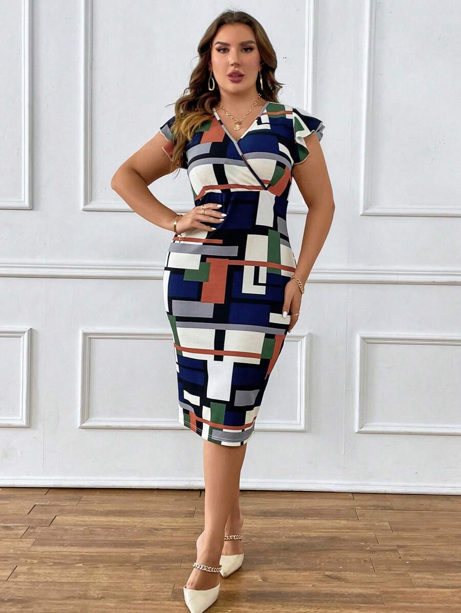 SHEIN Clasi 大碼幾何印花蝴蝶袖緊身洋裝 - 彩色 - 查看 1