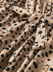 SHEIN Clasi Plus Dalmatian Print Flare Sleeve Ruffle Hem Belted Dress - Coffee Brown - View 5