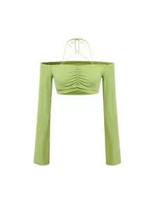 SHEIN Unity Solid Ruched Halter Neck Crop Top - Green - View 1