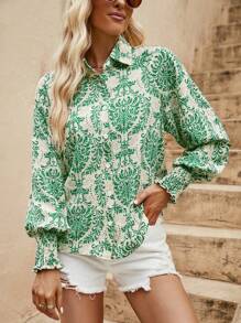 SHEIN VCAY 滿版印花前紐扣襯衫 - 綠色 - 查看 3
