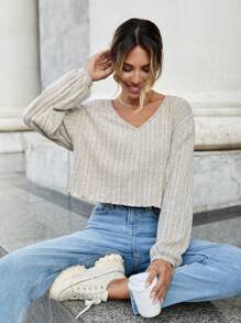 SHEIN Essnce V領落肩袖條紋針織短款T恤 - 米色 - 查看 1