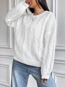 Flirla Cable Knit Drop Shoulder Sweater,Long Sleeve Tops Knit Pullover Fall Winter Outfit - White - View 7