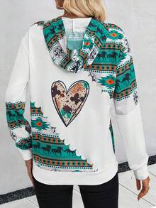 SHEIN LUNE Heart & Geo Print Kangaroo Pocket Drop Shoulder Drawstring Hoodie - White - View 2