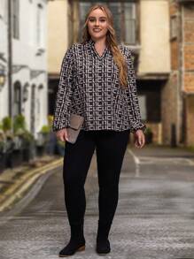 EMERY ROSE 大碼滿版印花缺口領燈籠袖襯衫 - 彩色 - 查看 3