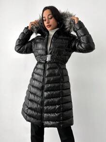 EURMUSE Fuzzy Hooded Belted Puffer Coat - Black - View 1