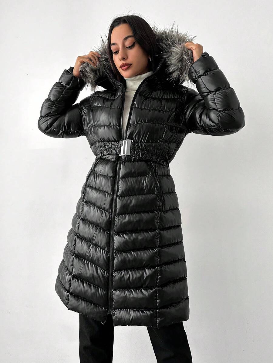 EURMUSE Fuzzy Hooded Belted Puffer Coat - Black - View 1
