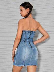 SHEIN PETITE Raw Hem Belted Tube Denim Dress - Medium Wash - View 2