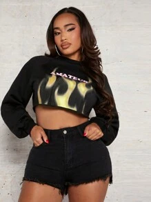 SHEIN SXY 字母圖案短款衛衣 - 黑色 - 查看 3