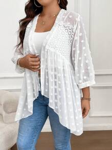 SHEIN Clasi Talla grande Abrigo de lunares con parte delantera abierta transparente de gasa - Blanco - Ver 5