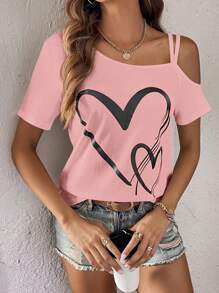 SHEIN LUNE Heart Print Asymmetrical Neck Tee - Pink - View 2