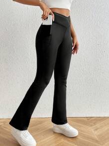 SHEIN PETITE Solid Phone Pocket Flare Leg Pants