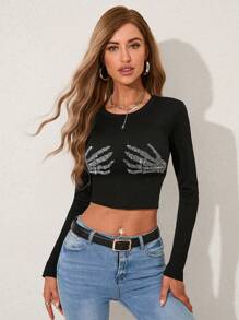 SHEIN Essnce Camiseta crop Halloween esqueleto mano con diseño de diamante de imitación - Negro - Ver 5