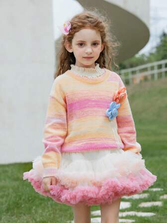 Young Girl 1pc Colorblock Floral Patched Sweater