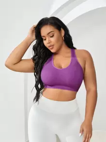 Plus Solid Cutout Racer Back Sports Bra - Purple - View 4