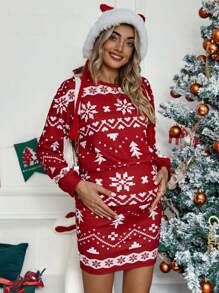 SHEIN Áo trễ vai in họa tiết giáng sinh dành cho bà bầu & Váy thắt lưng có thể điều chỉnh - Đỏ - Xem 6