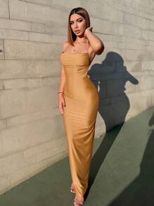 SHEIN Allurite Đầm Bodycon Cami hở vai buộc dây - Màu Khaki - Xem 4
