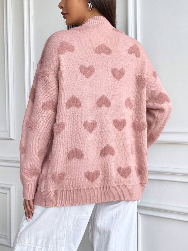 Casual Loose Front Button Heart Decor Long Sleeve Women Cardigans