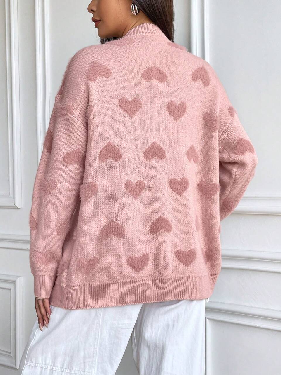 Casual Loose Front Button Heart Decor Long Sleeve Women Cardigans