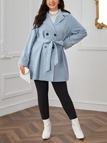 SHEIN Privé 大碼雙排扣束帶大衣 - 淺藍色 - 查看 6