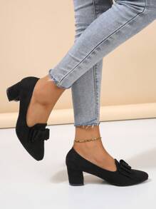 女性多用途蝴蝶結黑色工作鞋,中跟,粗粗跟,圓頭,四季 - 黑色 - 查看 5