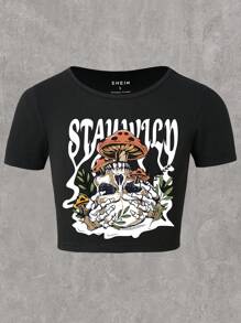 INAWLY Mushroom & Letter Graphic Crop Tee - Black - View 1