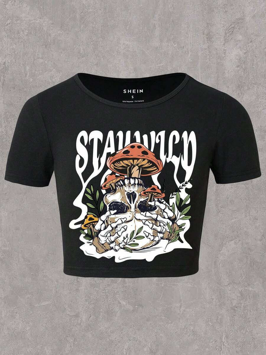 INAWLY Mushroom & Letter Graphic Crop Tee - Black - View 1