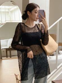 纯色透明网眼上衣（不含吊带背心）外出上衣节日长袖女式上衣 - 黑色 - 查看 4