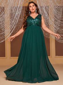 YISIKADO Plus Contrast Sequin Party Dress - Dark Green - View 1
