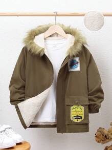 SHEIN 男大童字母圖案毛茸邊連帽加絨內裏外套不帶T恤 - 卡其色 - 查看 1