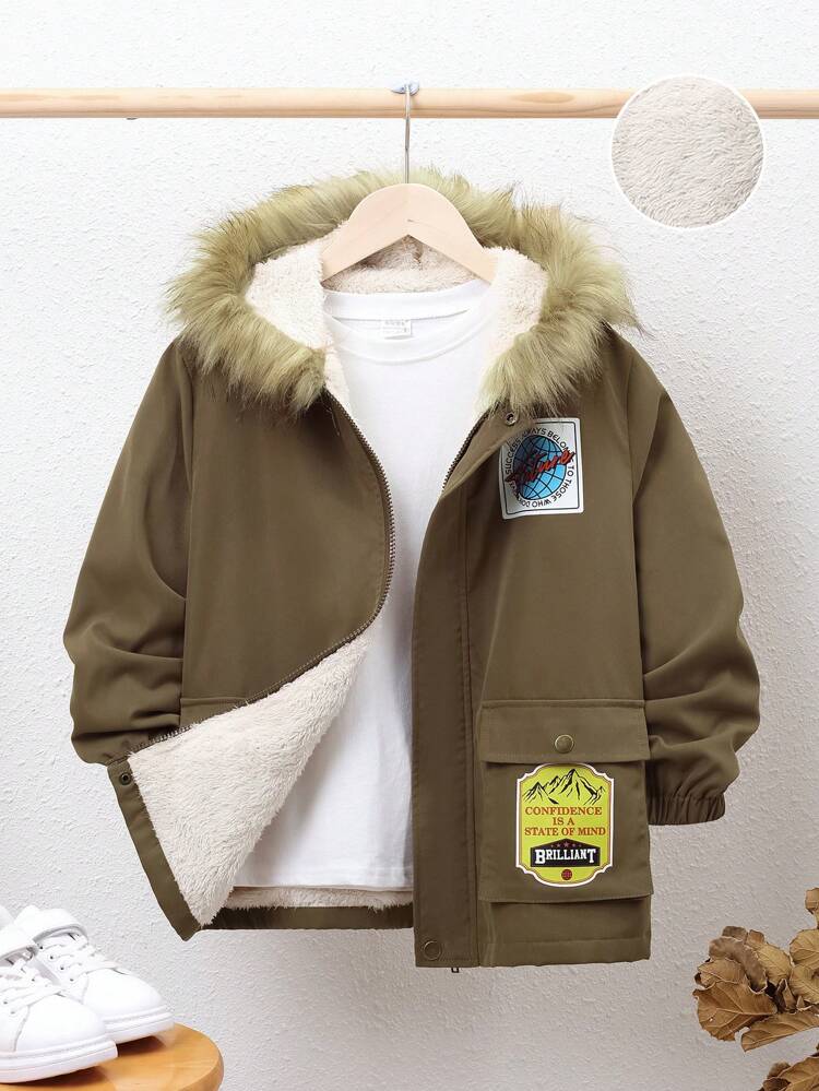 Tween Boy Letter Graphic Fuzzy Trim Hooded Thermal Lined Coat Without Tee