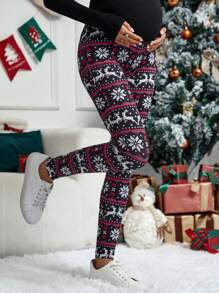 SHEIN Maternity Adjustable Waist Christmas Print Leggings - Multicolor - View 5