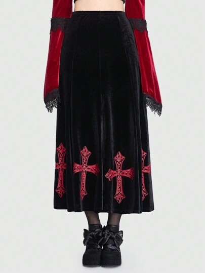 Our Goth Cross Print Velvet Skirt is such a vibe - ROMWE
