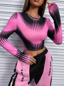 SHEIN Unity Áo thun tay dài cổ tròn in họa tiết nghệ thuật đại chúng - Hồng - Xem 3