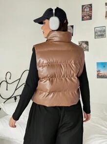 SHEIN EZwear 拉链漆皮背心加厚外套 - 棕色 - 查看 2