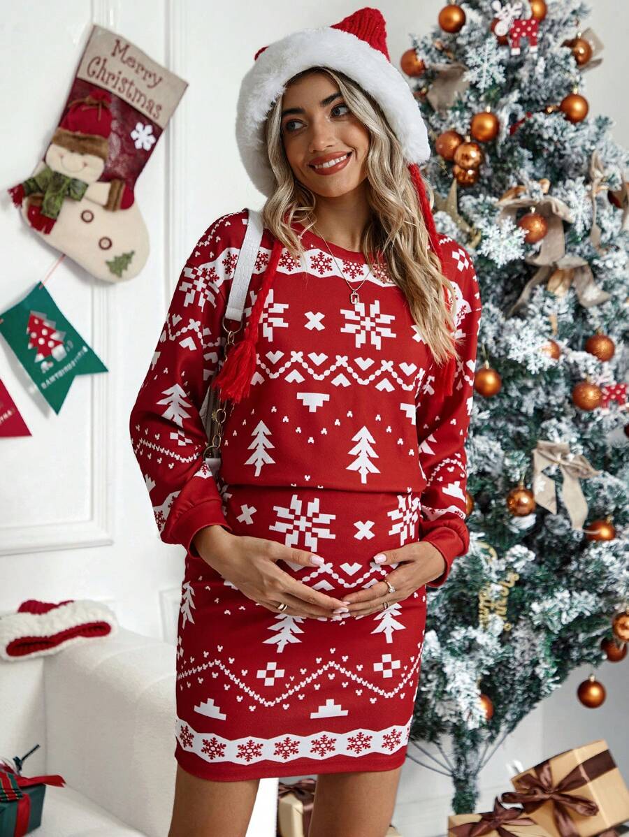 SHEIN Áo trễ vai in họa tiết giáng sinh dành cho bà bầu & Váy thắt lưng có thể điều chỉnh - Đỏ - Xem 1