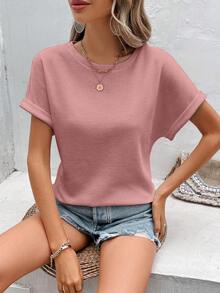 SHEIN Frenchy Women Summer Solid Color Round Neck Batwing Sleeve Casual T-Shirt Women T Shirt - Pink - View 6