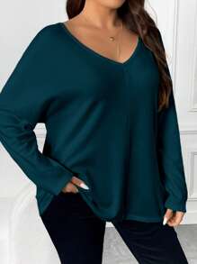 SHEIN Frenchy Plus Solid V Neck Tee - Blue - View 3