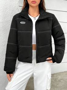 SHEIN EZwear Letter Patched Zip Up Padded Coat - Black - View 1