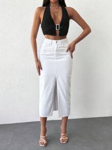 RueChic Buckle Detail Backless Crop Halter Neck Denim Top - Black - View 4