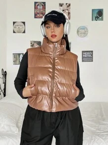 SHEIN EZwear 拉链漆皮背心加厚外套 - 棕色 - 查看 4