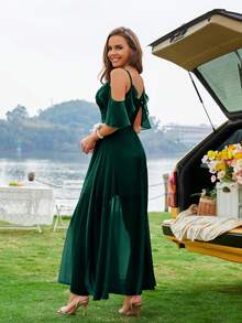 Cold Shoulder Ruched Wrap Hem Chiffon Bridesmaid Dress - Dark Green - View 2