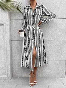 SHEIN LUNE Geo Print Belted Shirt Dress - Black and White - View 4