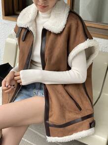 DAZY Contrast Trim Borg Collar Batwing Sleeve Teddy Lined Zipper Vest Jacket,Thermal Lined - Coffee Brown - View 2