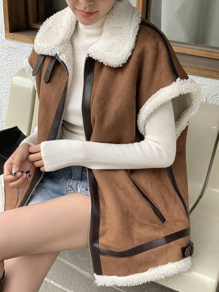 Contrast Trim Borg Collar Batwing Sleeve Teddy Lined Zipper Vest Jacket,Thermal Lined
