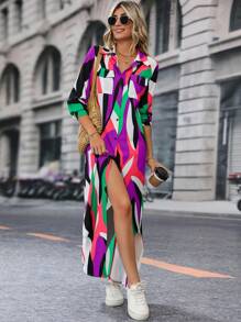 SHEIN LUNE Allover Print Button Front Shirt Dress - Multicolor - View 1